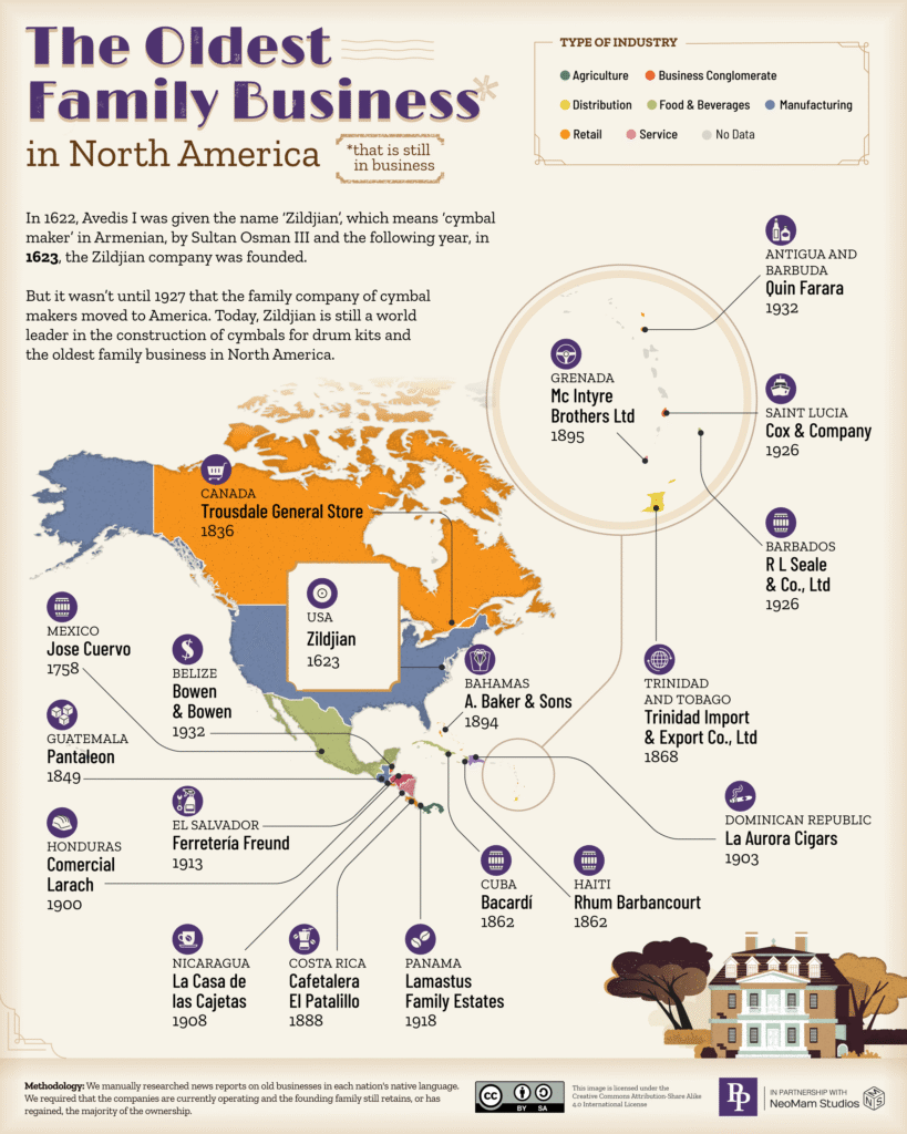 A map showing the oldest family businesses in North America