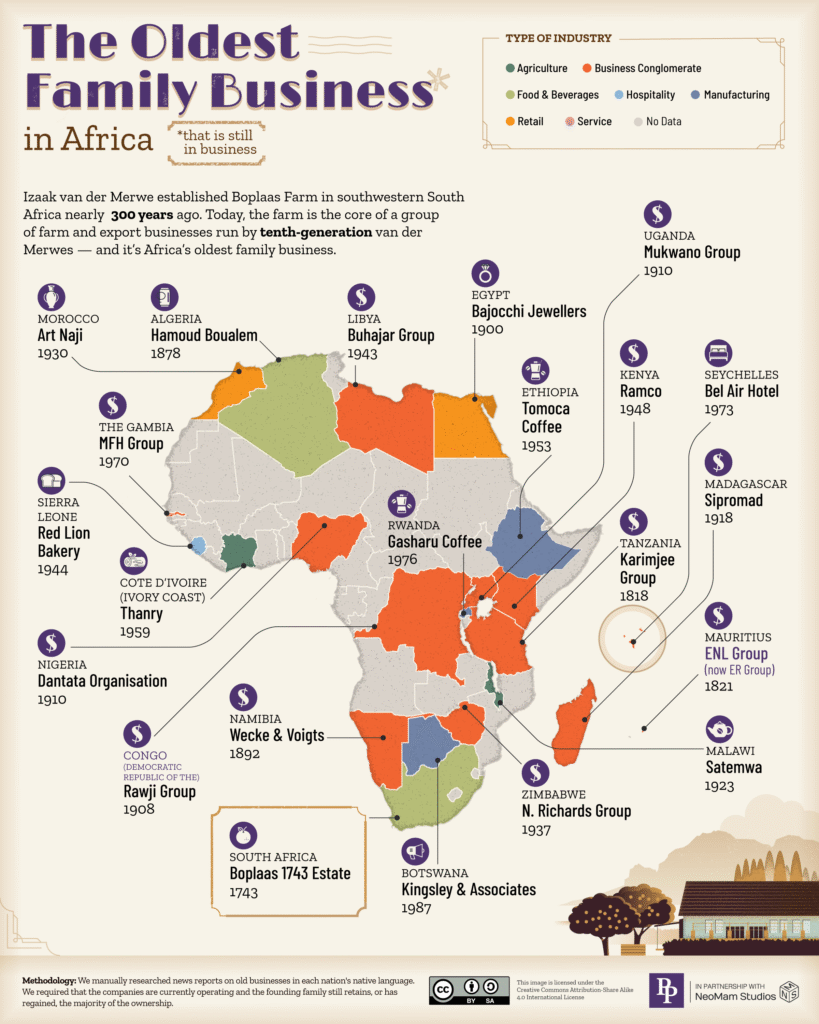 A map showing the oldest family businesses in Africa